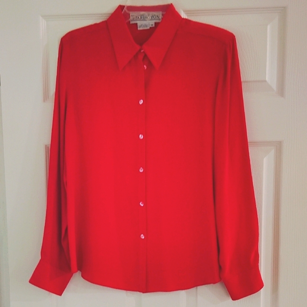 Red Long Sleeve Button Down Silk Shirt with Notched Collar